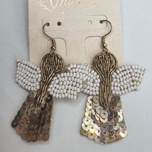 Gold and White Beaded Angel Earrings